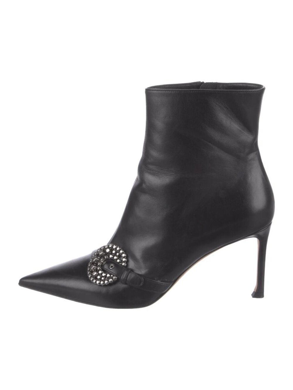 DIOR Black Leather Gang Low Bootie Rhinestone Buckle Boots Stiletto Heel Size 39